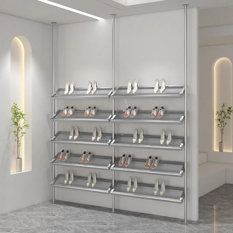 

Shoe store shoe rack display rack stainless steel upper wall vertical pillar shoe shelf clothing store window bag combination