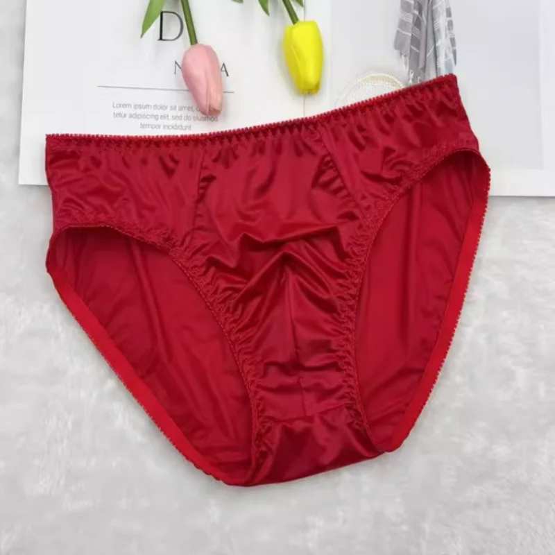 Fashion Men Smooth Satin Panties Sexy Mid Waist Lce Silk Lingerie Soft Daily Comfort Breathable Briefs Sissy Private Party