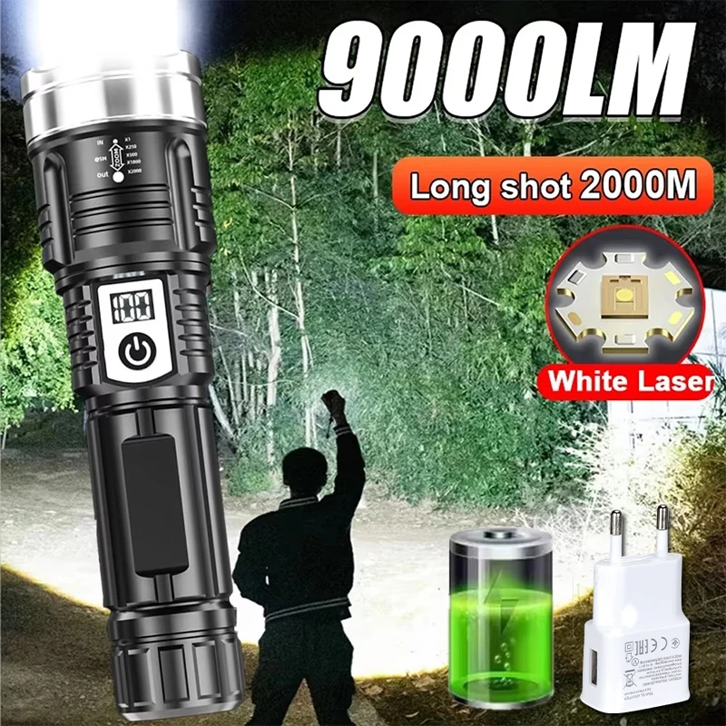 9000LM Powerful LED Flashlight Built-in Battery USB Rechargeable Zoom Torch With Power Display Outdoor Tactical Flashlights