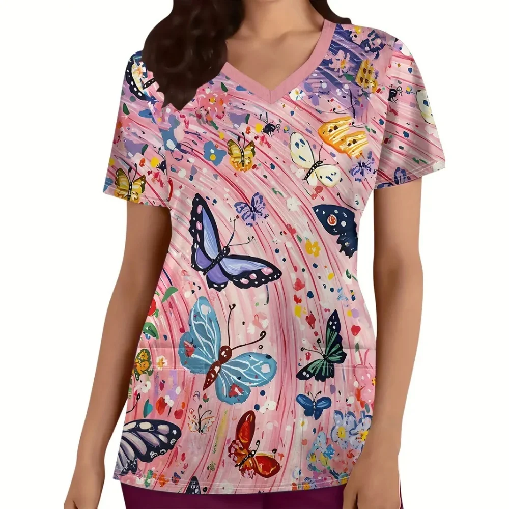 Ladies Vibrant Butterfly and Floral Print V-Neck Silk Top - Soft Breathable Polyester Medical Uniform Surgical Uniforms Woman