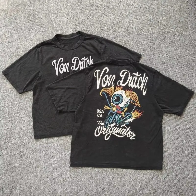 Von Vintage  Black Flying Eyeball Biker Dutch Graphic T-Shirt Cotton Men Women Streetwear Tee