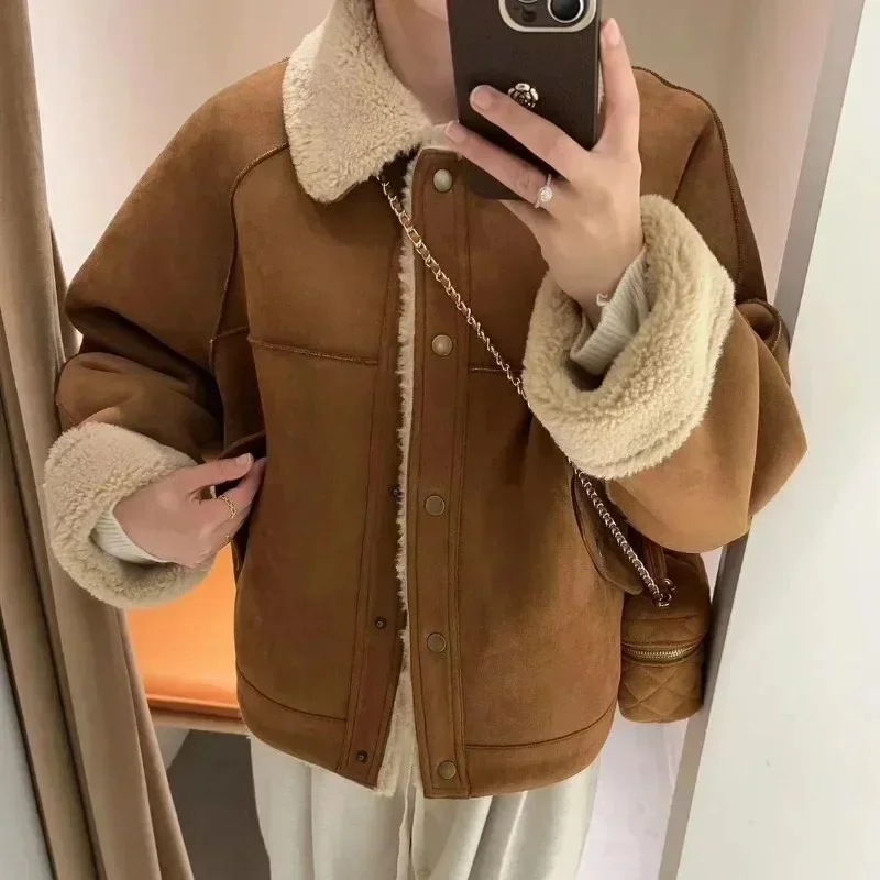 Winter Vintage Suede Jacket Women Korean Fashion Warm Fleece Mustang Jackets Oversize Chic Elegant Outwear Aesthetic Dropship