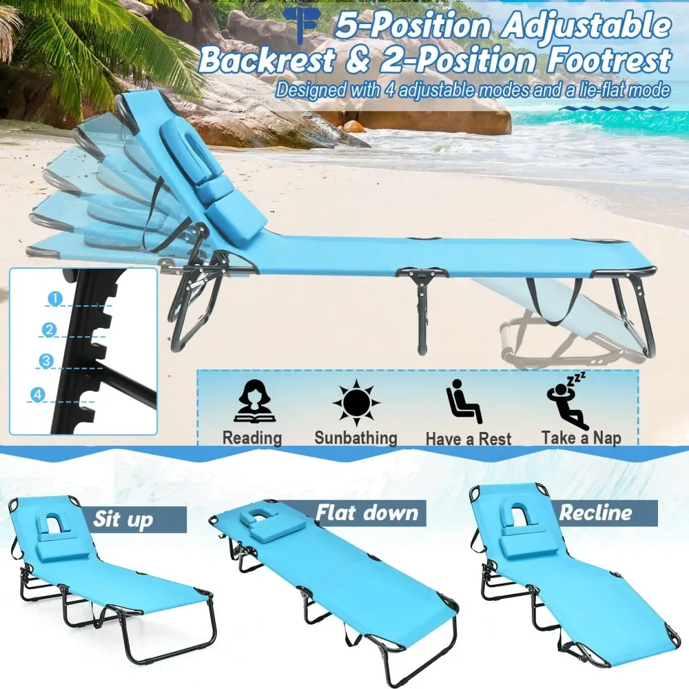

Beach Chaise Lounge Chair With Face Hole Pillows 5Position Adjustable Backrest