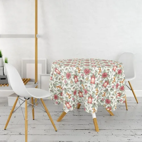 RealHomes Candlestick Design Christmas Konseptli Digital Printed Round Table Cloth-Diameter 140 cm