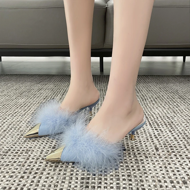 Metal Pointed Toe Stiletto Furry Slippers Female Fashion Slides Feather Half Slippers Sweet Temperament High Heels Small Size 33