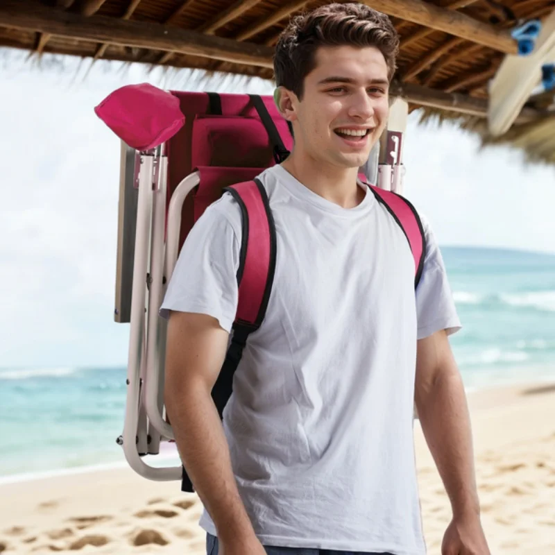 Silla de playa plegable, mochila portátil de 4 posiciones, silla de camping plegable con reposacabezas, portavasos y reposabrazos de madera