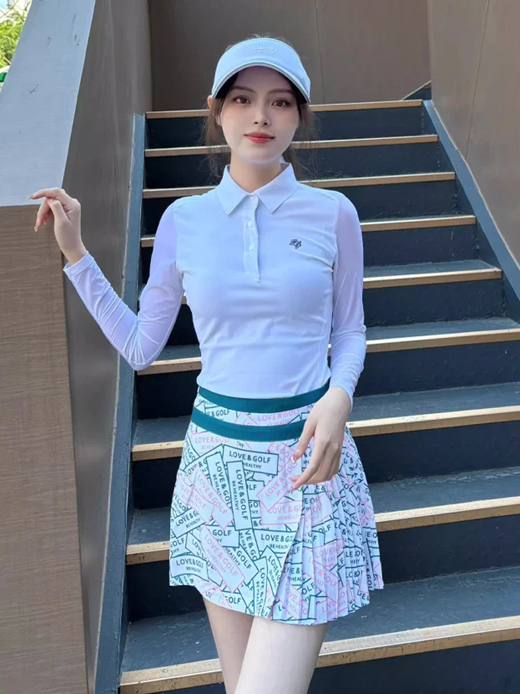 Summer girls golf suit ice silk sunscreen long-sleeved T-shirt anti-exposure printed short skirt Korean ice sleeve top