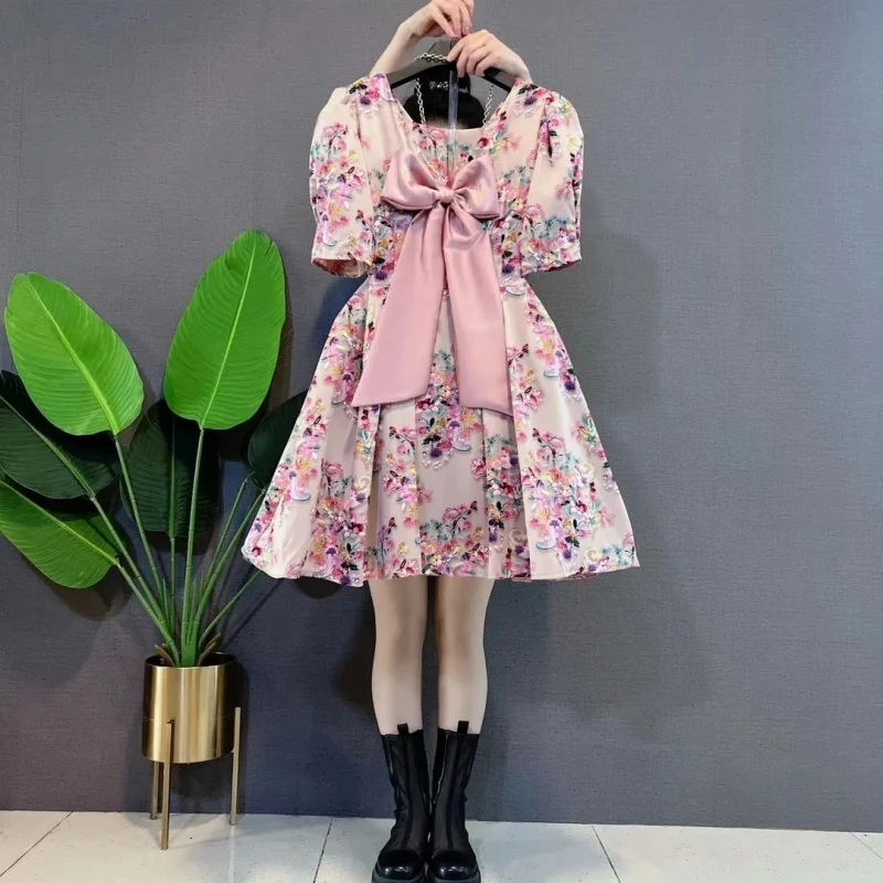 

Платье женское с бантом и коротким рукавом, платье средней длины в форме груши с французским принтом, большие размеры, на лето