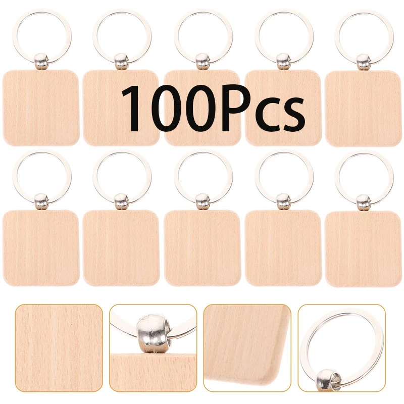 100Pcs Square Unfinished Wooden Keychain Engraving Blanks Wood Key Chain for DIY Crafts