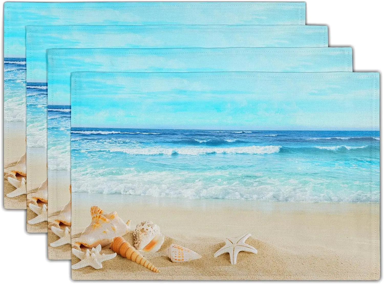 Beach Theme Placemats Set of 4 Summer Ocean Blue Coastal Sea Life Table Mats Heat-Resisting Non Slip Reversible Burlap Placemats