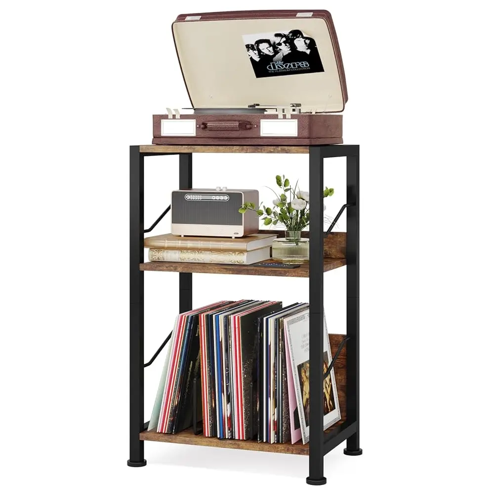 

3 Tier Record Player Stand, Retro Vinyl Storage End Table Records For Living Room Bedroom (Rustic Brown)