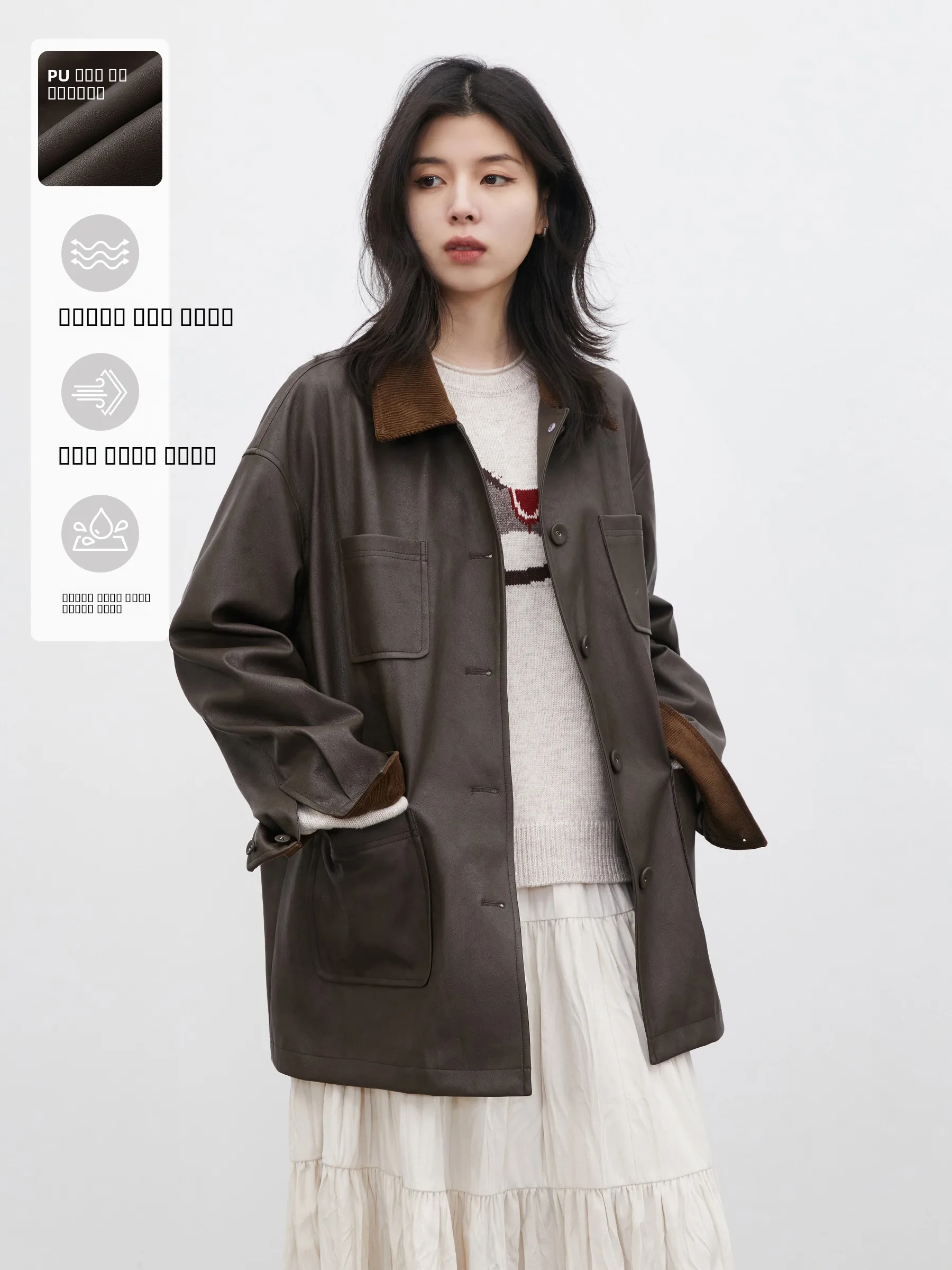 Chicven Spring Wild Chase バーンスタイル コーデュロイ パッチワーク PU レザー ジャケット 防水 ワークウェア コート ユース ストレート スリーブ ロング