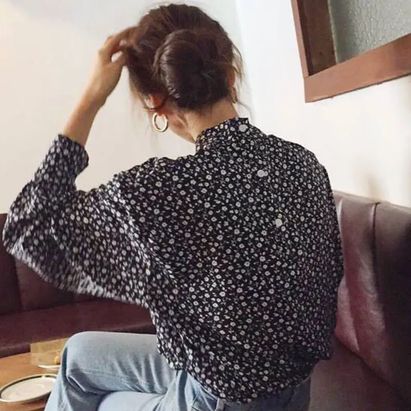 

Retro Chic Long Sve Floral Print Chiffon irt Stand Collar Ba Single Button Design Women's Top Faionable Loose Fit