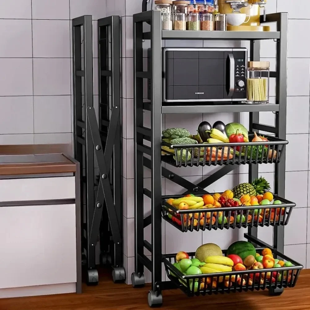 Movable Fruit and Vegetable Storage Rack Kitchen Basket Multi-Layer Floor Kitchen Trolley Storage Basket Microwave Shelf Cart