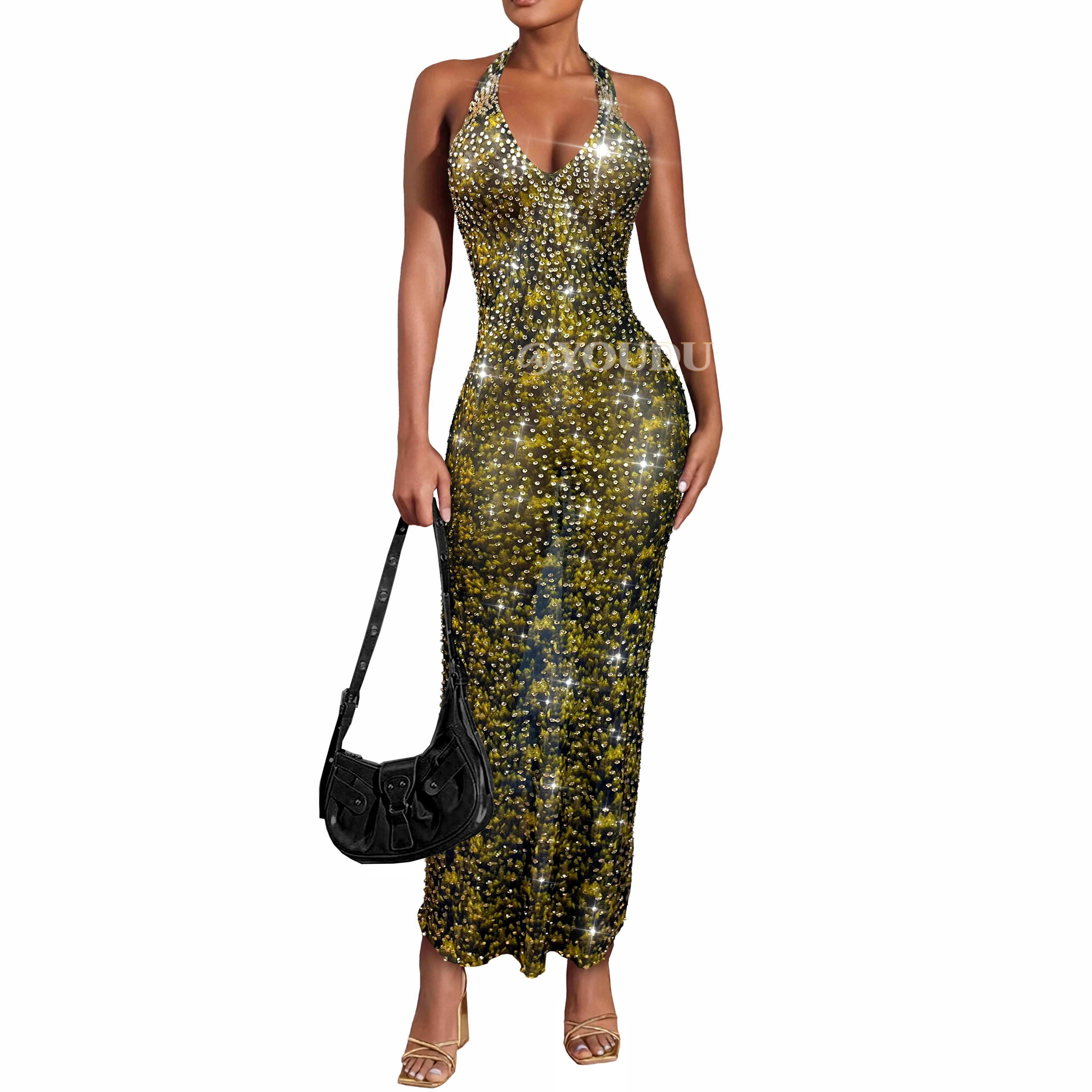 

Новое элегантное платье с блестящими стразами и декоративной отделкой, с вырезом халтер, для вечерних мероприятий, вечеринок, показов мод, красной дорожки, от Baihualin.