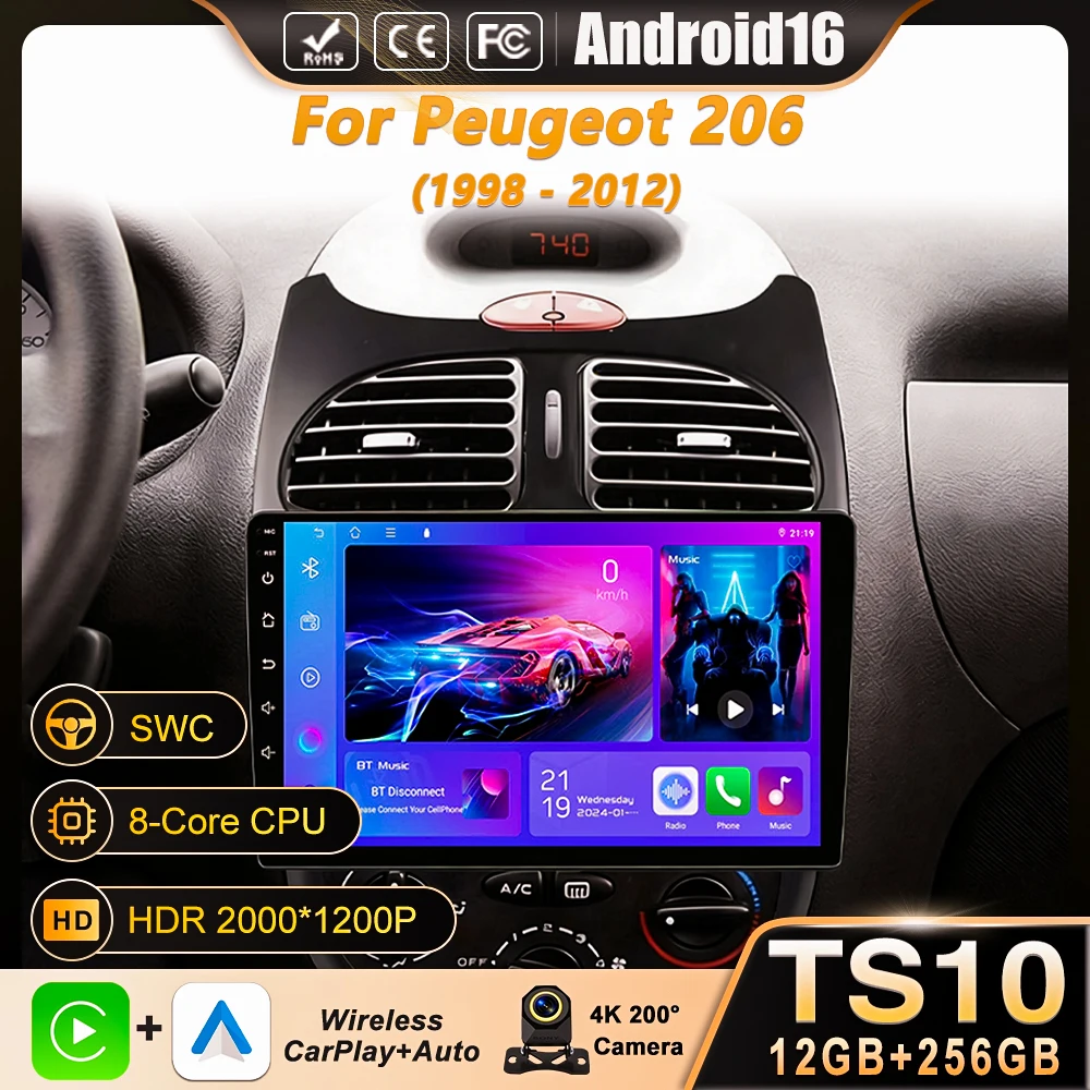 

Автомагнитола Carplay Auto 8-ядерный процессор Android 16 для Peugeot 206 1998-2012 GPS Мультимедийная система Стерео Видео 4G BT