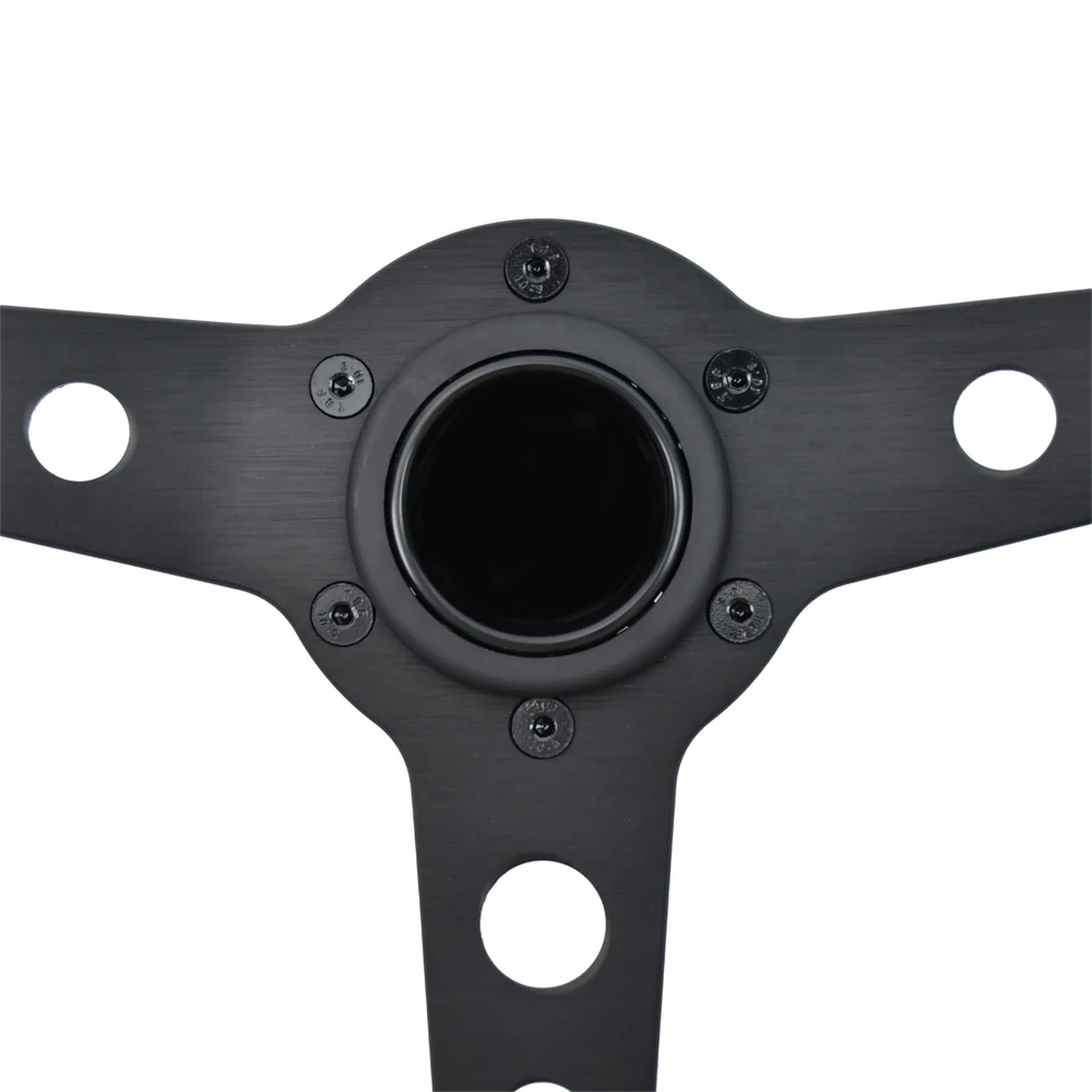 370mm Sports Classic Steering Wheel 6 Holes Black Spoke Flat White Stitching Racing Steering Wheel with 5mm Thick Bracket 5