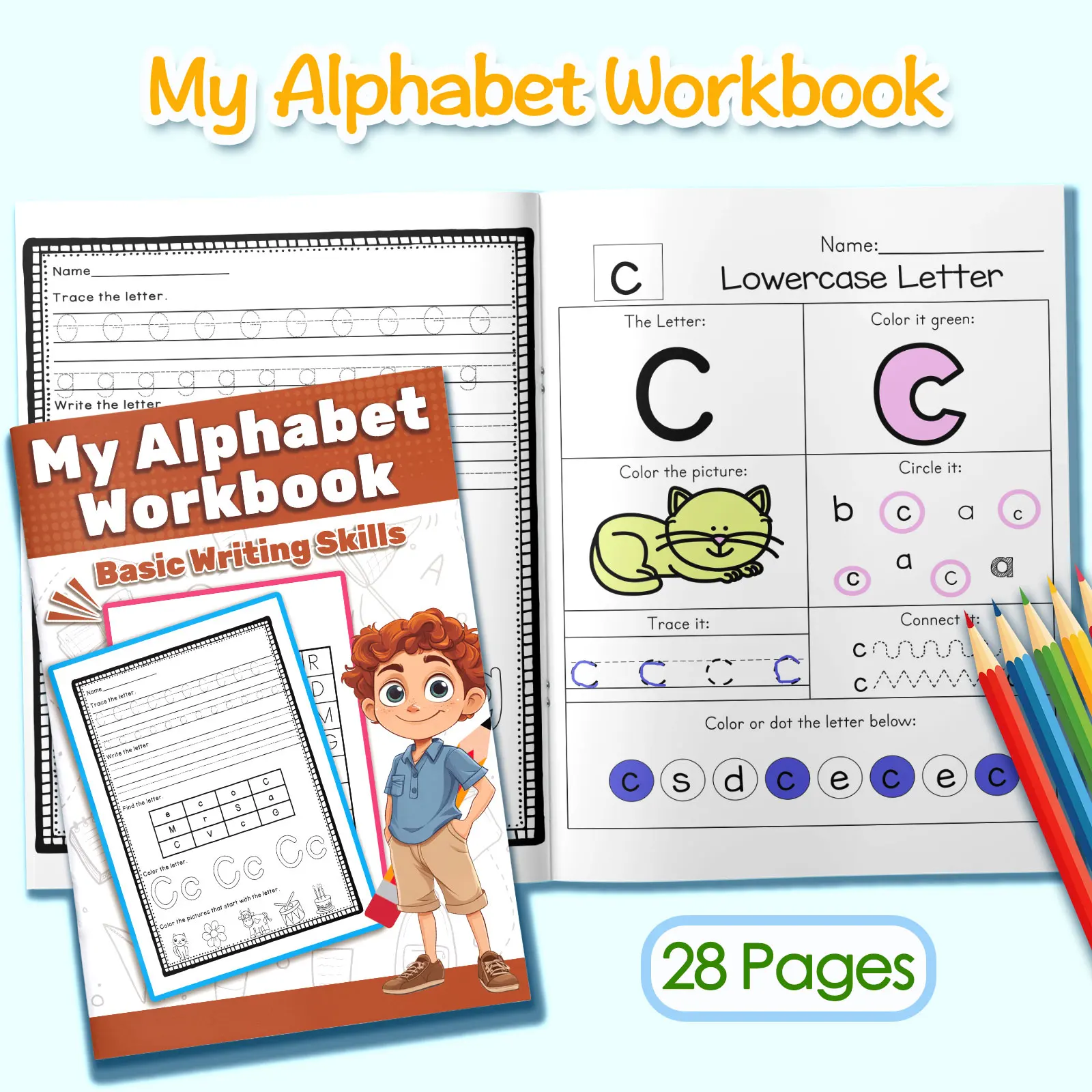 Children's alphabet coloring book, cute cartoon patterns, preschool early education workbook, boost your baby's hands-on skills