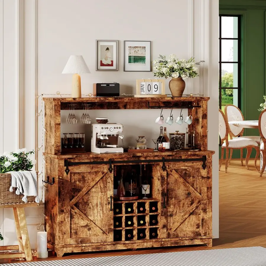 

Барный шкаф 55, большой кухонный шкаф-буфет с LED-подсветкой и встроенной розеткой, высокий буфет с раздвижной дверью в стиле амбар, для хранения вина