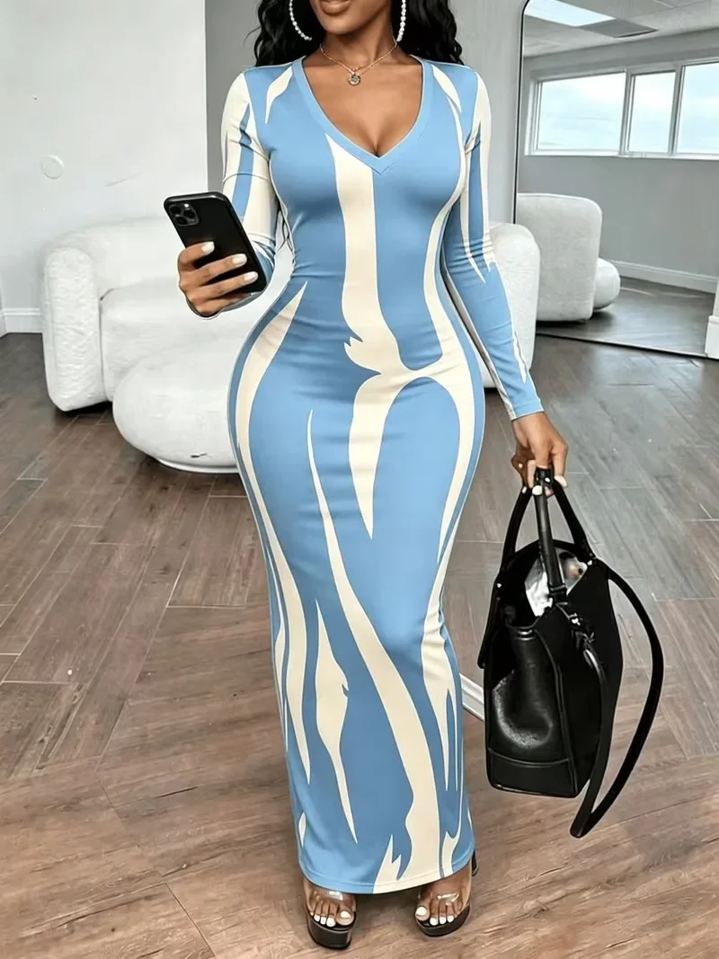 Ladies Curvy Fit Abstract Color Block Maxi Dress Long Sleeve V Neck Mermaid Clubwear Dress