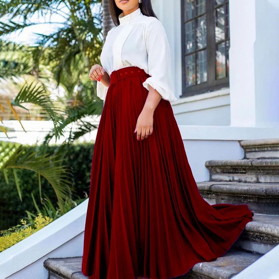 Women Skirts Solid Skirt Pleated Belt A Line Ankle Length Empire Waist None Strech Loose Fit Casual Office Elegant 2026 Summer