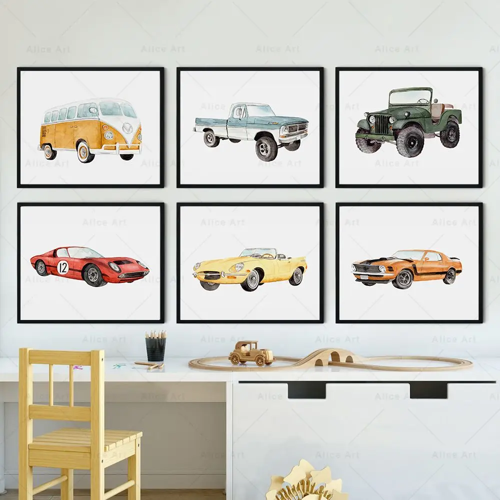 1PC  Watercolor Vehicle Poster Toy Car Wall Art Canvas Painting Racecar Vintage Prints Nordic Pictures Nursery Children's Roo