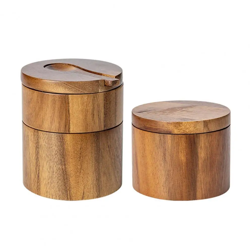 Acacia Wood Salt Pepper Bowl 2-layer Salt Pepper Bowl with Magnetic Swivel Lid Acacia Wood Seasoning Storage Box Dustproof Salt