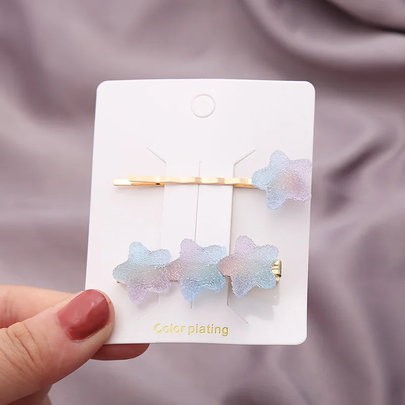 2PCS Set Japanese Rainbow Soft Jelly Gradient Color Heart Star Hairpin Girl  Cute Sweet Simple Translucent Hair Clips Fashion