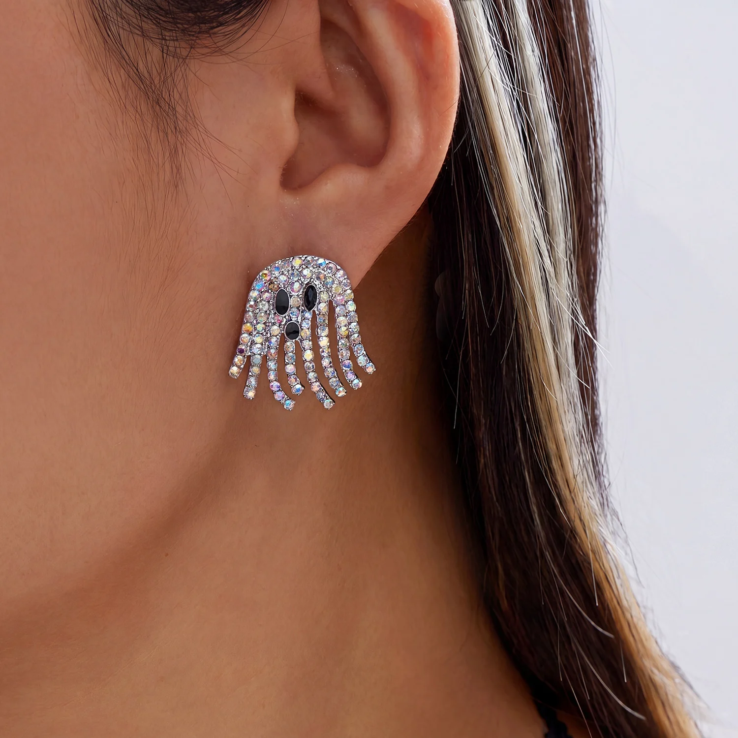 Funkelnde Halloween-Strass-Geister-Ohrstecker, Kristall-Quasten-Ohrringe für Damen, Kostüm-Party, Feiertags-Schmuck, Geschenk – Detail 1