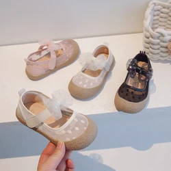 Girls Sandals Beige Mesh Breathable Bow Children's Walking Shoes Pink Soft Non-slip Children Baby Single Shoes Girls Sandals