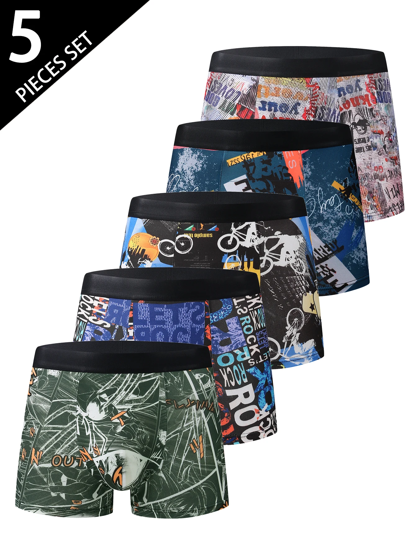 

5-pcs Fashionable Printed Men's Boxer Briefs, Soft and Comfortable Stretchy Thin Four-Waistband Shorts Sports Shorts