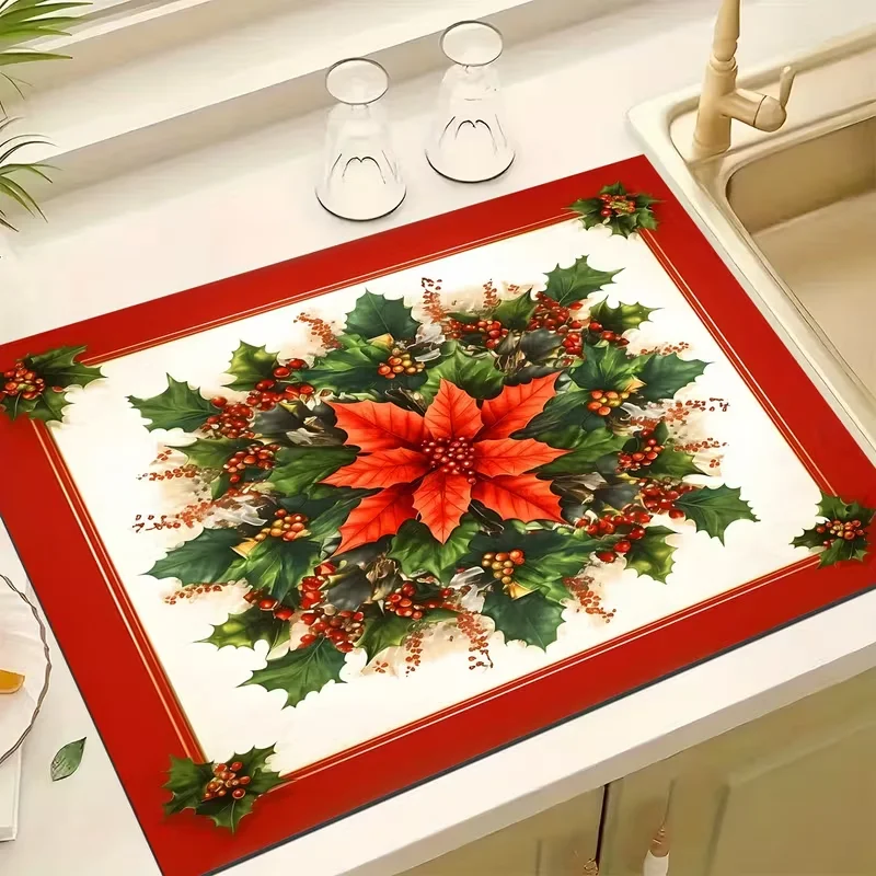 Gingerbread Man Dish Drying Mat Christmas Cookie Festive Print Counter Pad Cup Tableware Draining Decor Pad for Holiday Decor