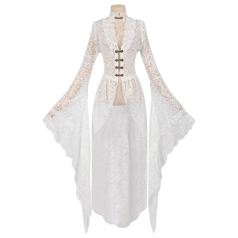 Gothic Women White Vintage Solid Lace Flare Sleeve Medieval Cardigan Cosplay Elegant Long Tail Outwear Victorian Ball Gown