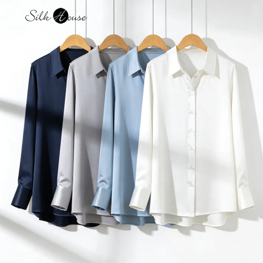 

Женская модная весенняя одежда 2026: Элитная рубашка из 100% натурального шелка тутового шелкопряда (30 мм), с отложным воротником, длинным рукавом, для офиса и повседневной носки