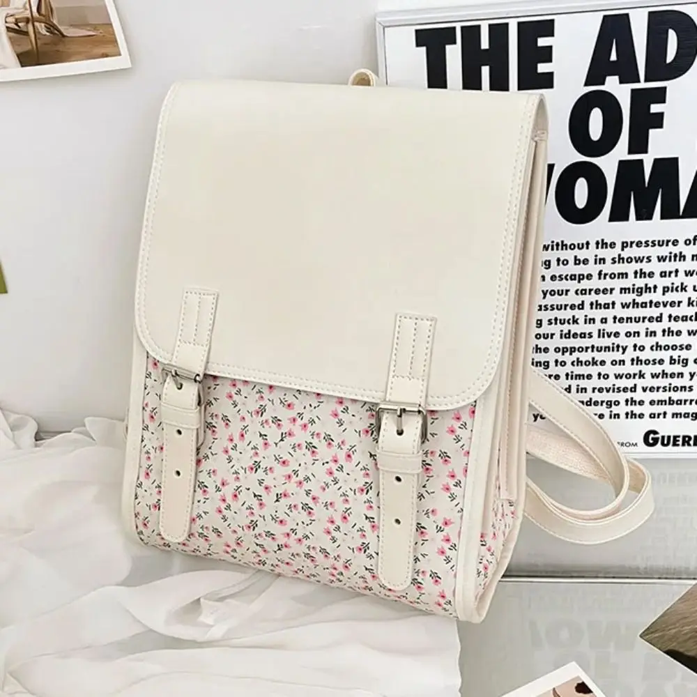 Handbag Fashion Flap Backpack Aesthetic College Style PU Leather Flip School Bag Zipper Versatile Flower School Bagpack Girl