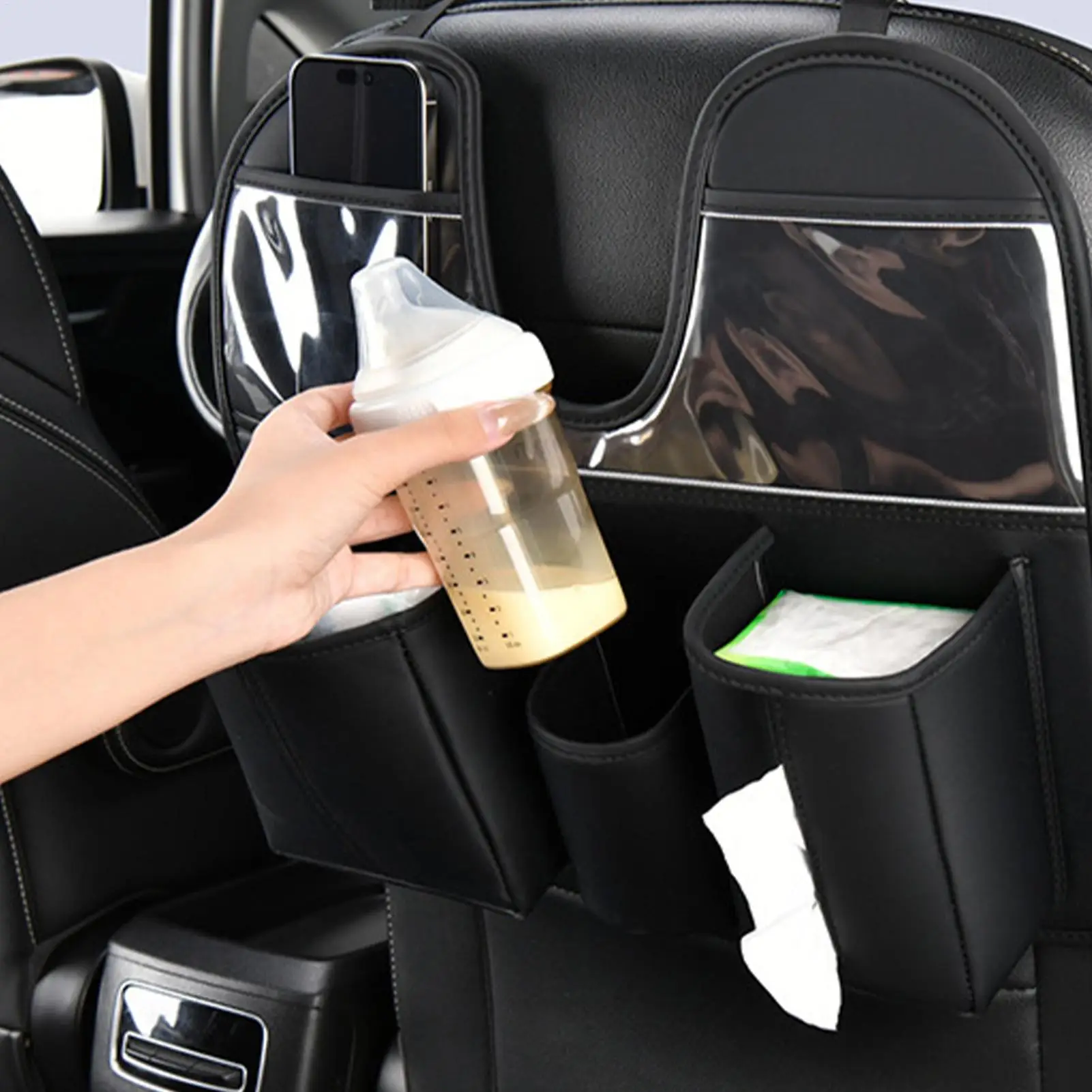 

Back Seat Organizer Leather Large With Cup Holder Behind Seat Car Organizer Kick Mats For SUV RV Truck Sedan Kids Toys Snack