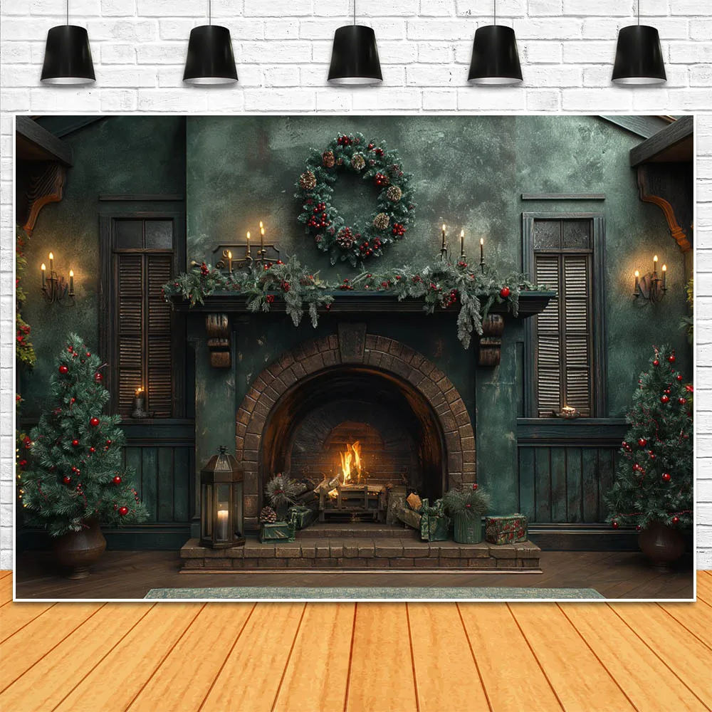 Mocsicka Christmas Vintage Green Wall Backdrops Photography Wooden Fireplace Family Portrait Background Photo Studio Shoot Props