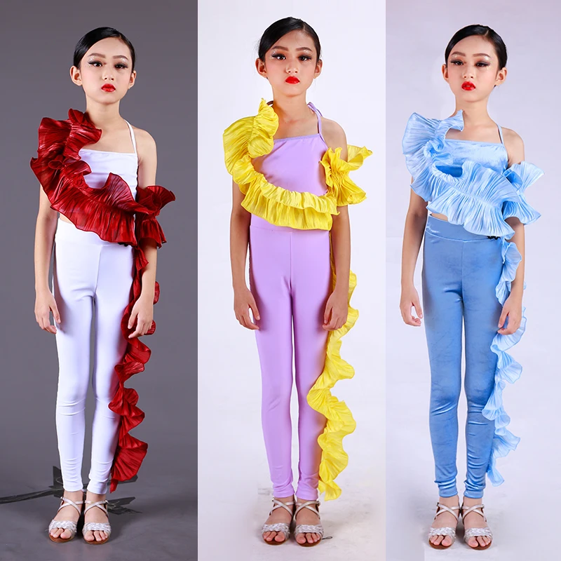 Kids Performance Dancing Clothes Girls Ruffled Top Pants Latin Dance Competition Costumes Children'S Practice Wear XS5563