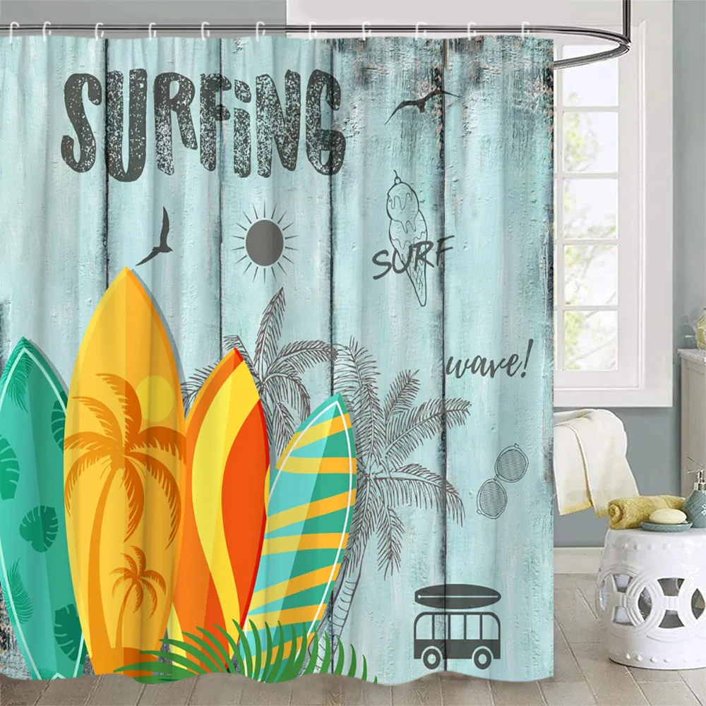 Traveler RV Shower Curtain Summer Seaside Beach Surfboard Camping Tropical Plant Leaves Polyester Fabric Bathroom Decor Curtain