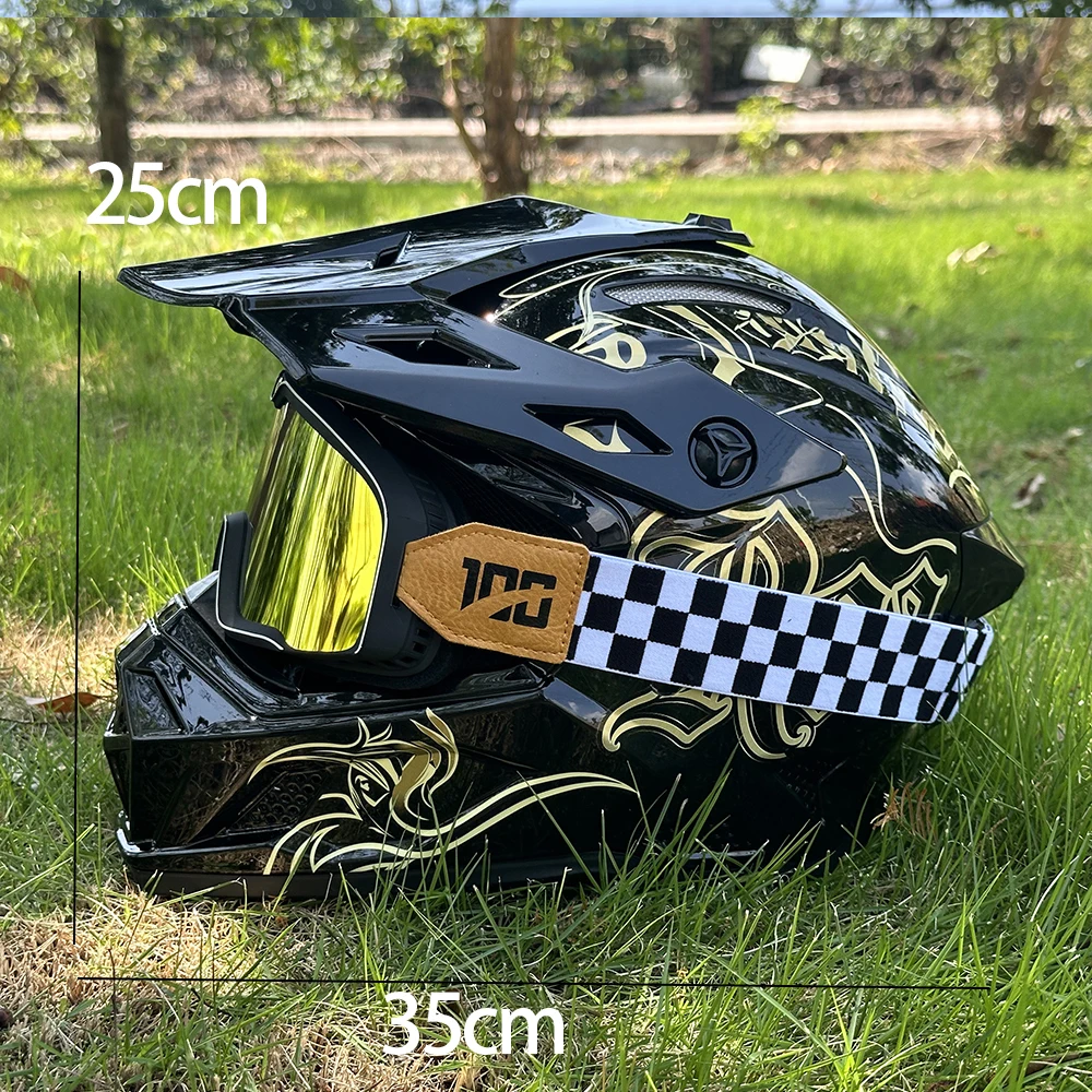 Glossy Black Motorcycle Helmet for Men, Gold Stripe Print Retro Motorcycle Helmet for Men, Stylish Cool Lettered Full-Face Motorcycle Helmet with Gold Goggles, Unisex, Suitable for All Seasons