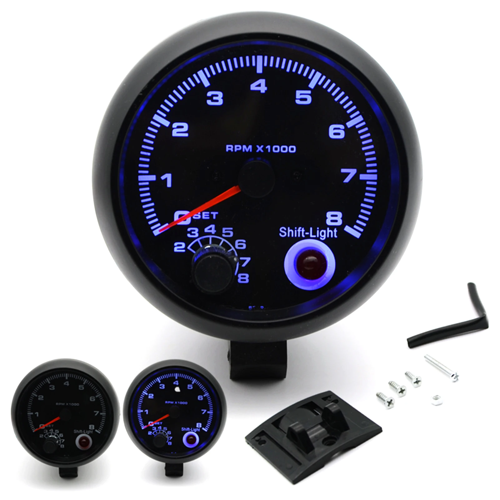 

3.75'' Car Universal Black Tachometer Gauge White Inter Shift Light 0-8000 RPM ABS Material Blue Background Light 12V Input