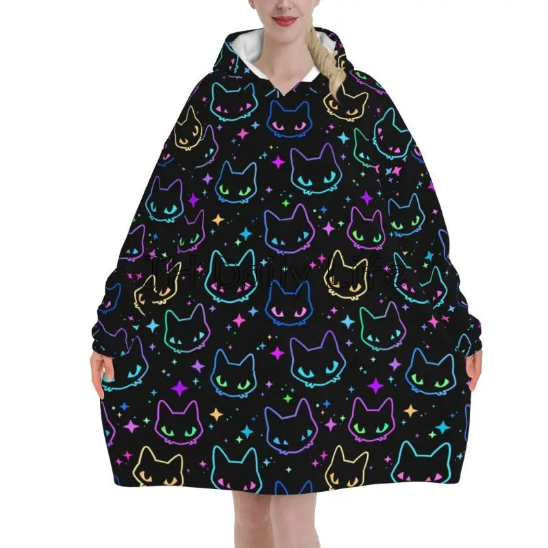 Colorful Cat Heads with Bright Star Wearable Blanket Hoodie Soft Sherpa Fleece Hooded Blanket Warm Flannel Blankets Sweatshirt