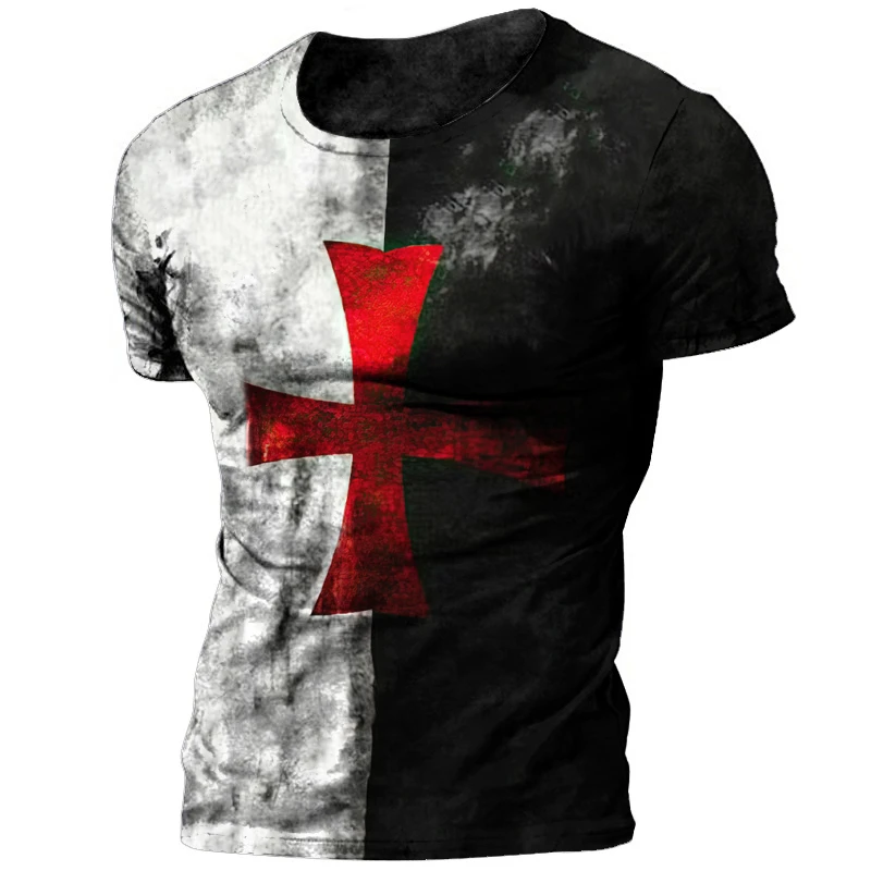 Templar 3D Printed Jesus Christ Cross Men's Retro Street Oversized Casual Loose Comfortable Round Neck Short Sleeve T-shirt Tops