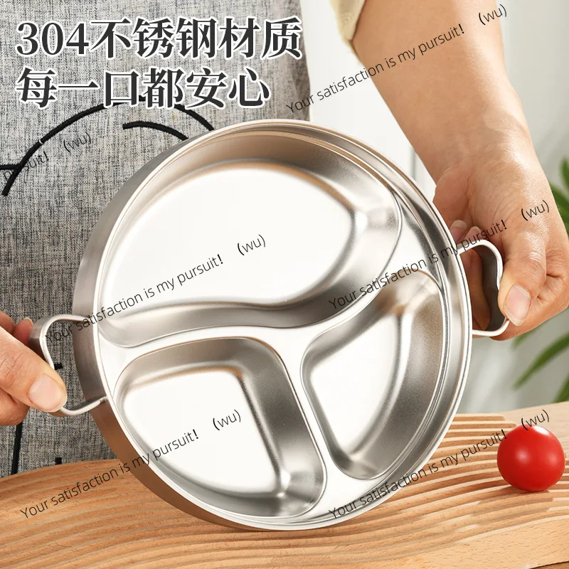 304 stainless steel double-layer anti-scalding dinner plate, heat-insulated bento box, three-grid lunch box, round rice plate