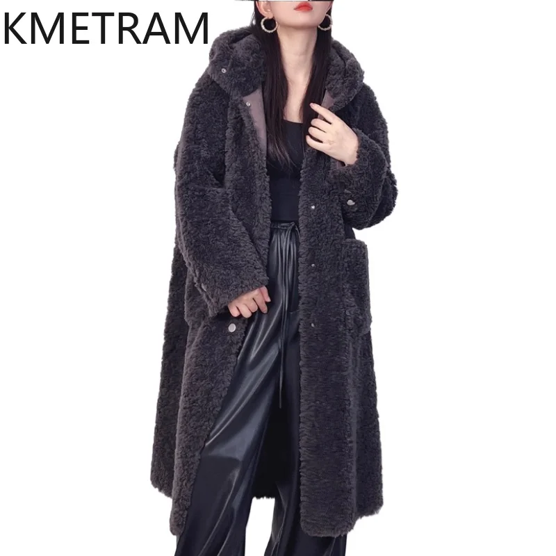 KMETRAM 100% Wool Coats Woman High Quality Dark Gray Long Coat with Hood Winter Clothes Warm Furry Jacket 2025 пальто женское
