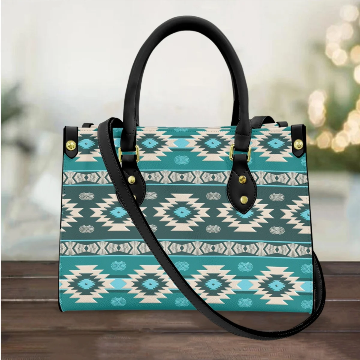 

Teal Southwestern Navajo Design Pattern Women's Handbags Luxury PU Leather Girls Tote Shoulder Bags Woman Casual Fashion Bolsa