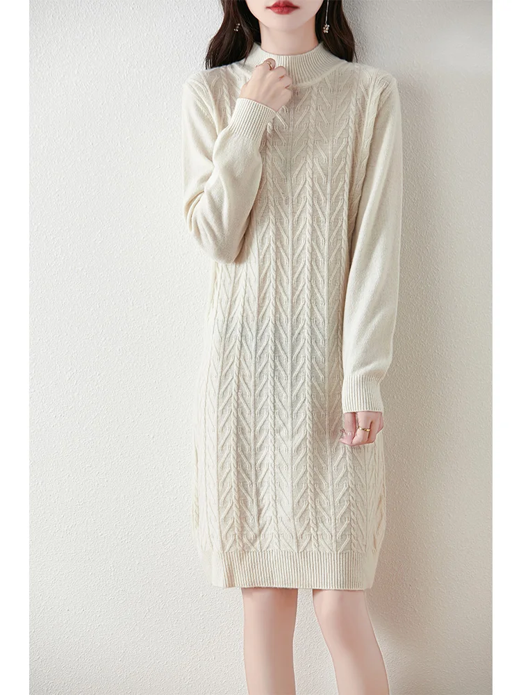 Women's Pure Wool Knitted Dress, Round Neck, Cable Flower, Knee-Length Skirt, Warm, Autumn/Winter,  Fashionable