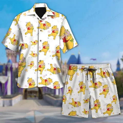 Disney 2025 Winnie The Pooh Hawaiian Shirt Shorts Set Casual Beach Vacation Short Sleeve Suit Beach Shorts Retro Button Shirt