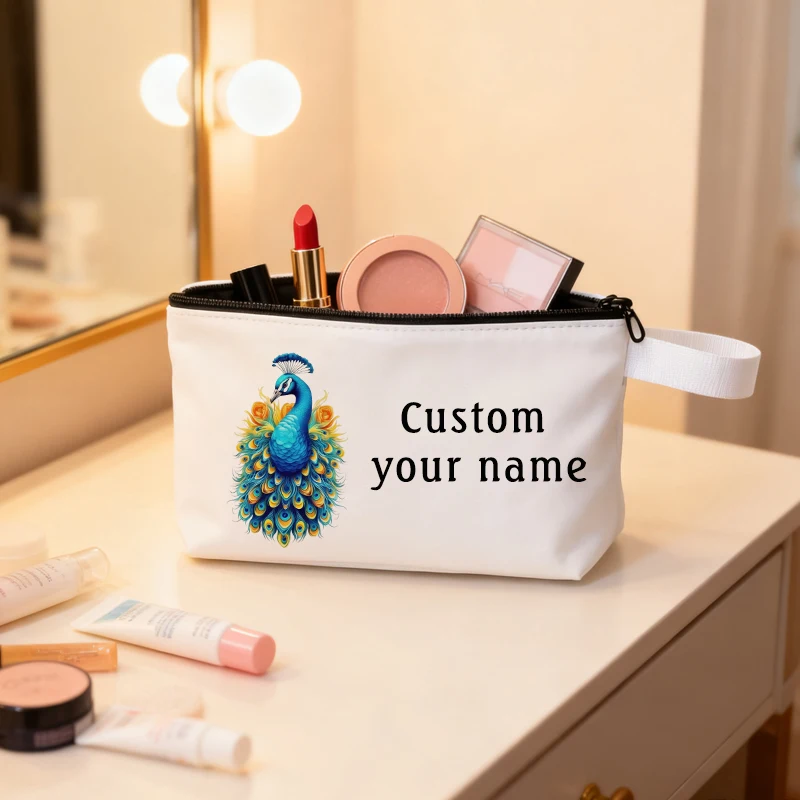 

Cosmetic Bag Custom Your Name Travel Pouch Peacock Pattern Pencil Cases Storage Zipper Canvas Bag Multifunction Organizers