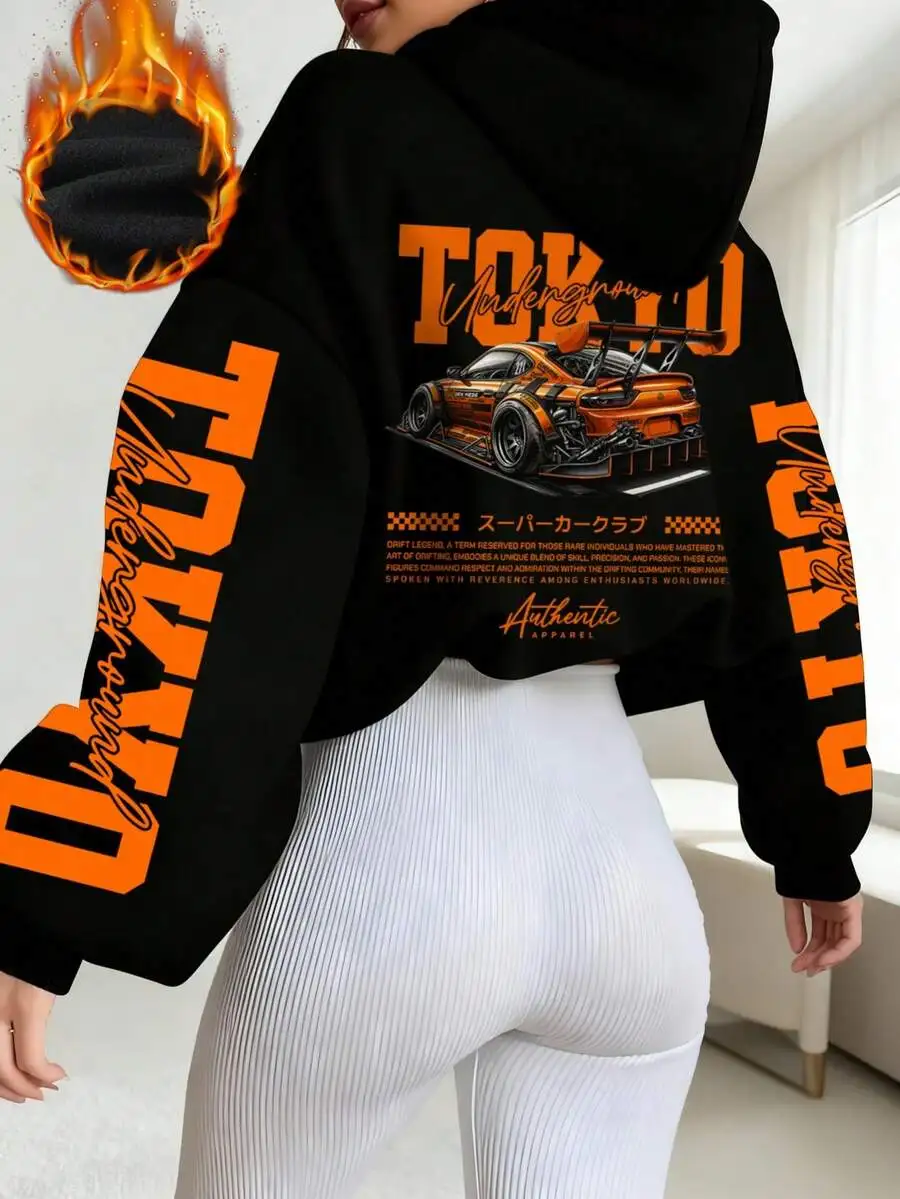 

Women's Cropped Hoodie with Bold Letter & Custom Race Car Print, Loose Fit, Winter Warm